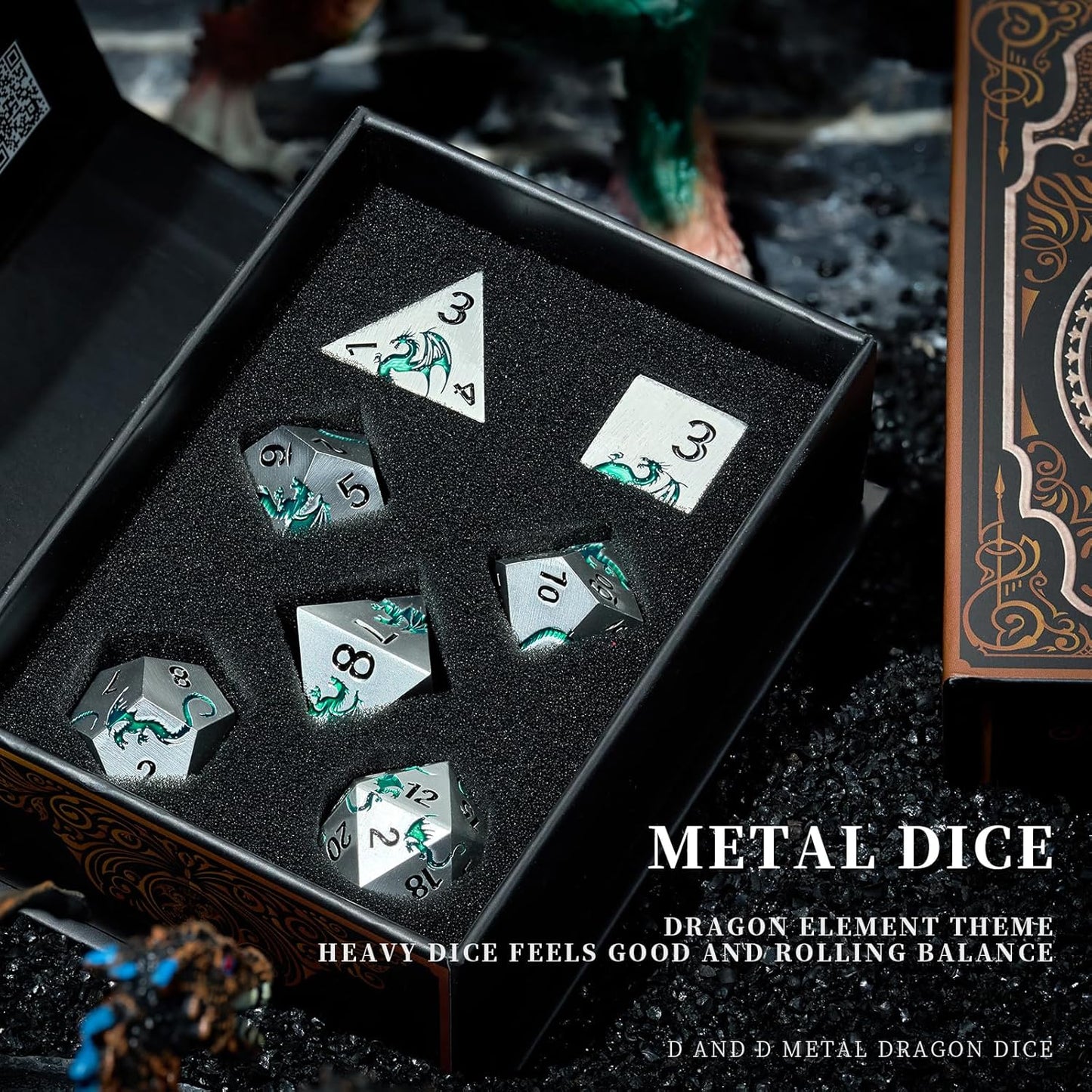Metal DND Dice Set,Blue Dragon Heavy Metal Dice Set D&D,Dungeons and Dragon TTRPG Role Playing Table Games(Sliver Green Dragon)