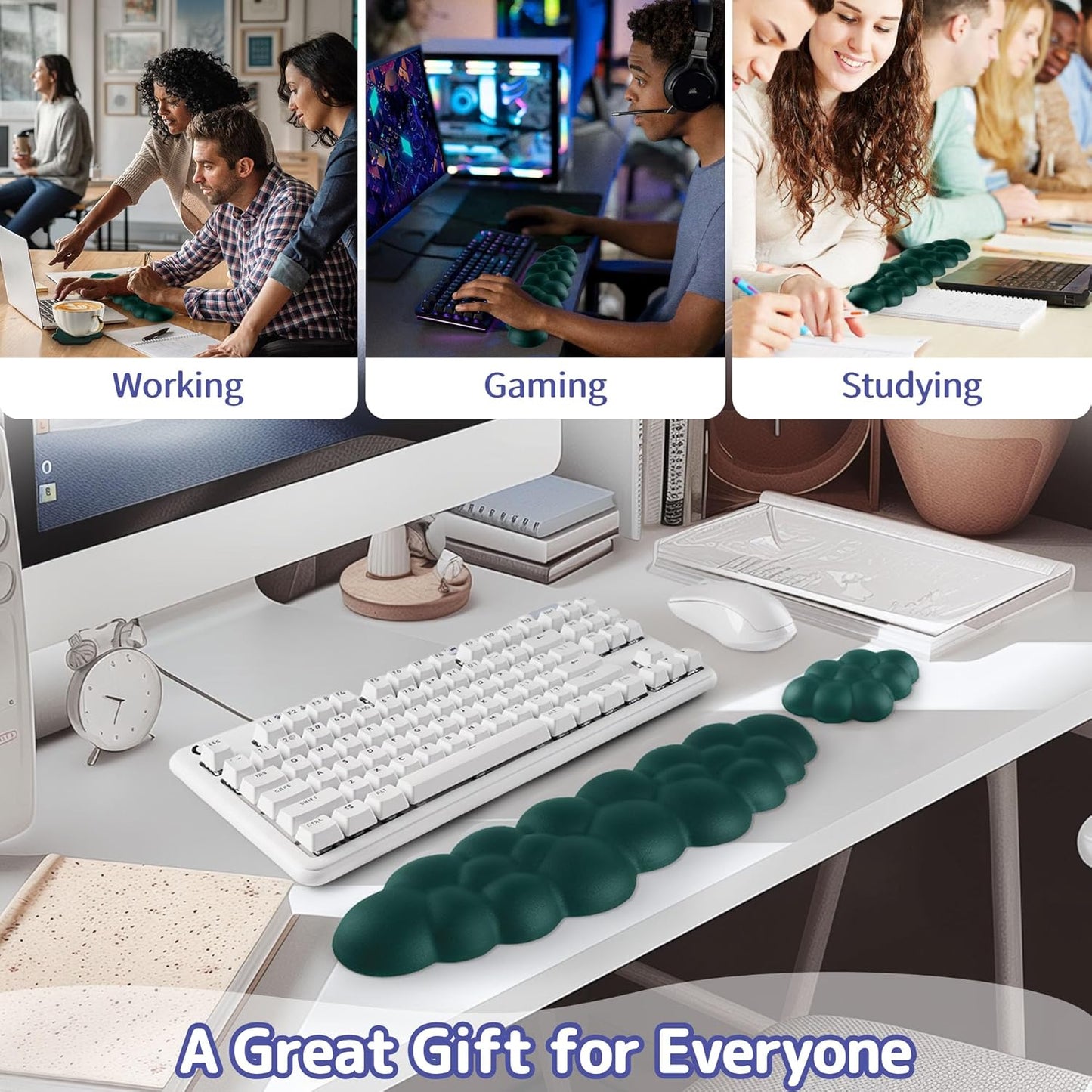 Cloud Wrist Rest Keyboard, Cloud Keyboard Wrist Pad Set with PU Leather Memory Foam, Cute Arm Rest for Palm Support, PC/Gaming Desk Accessories/Office Setup/Computer Hand Cushion - Dark Green