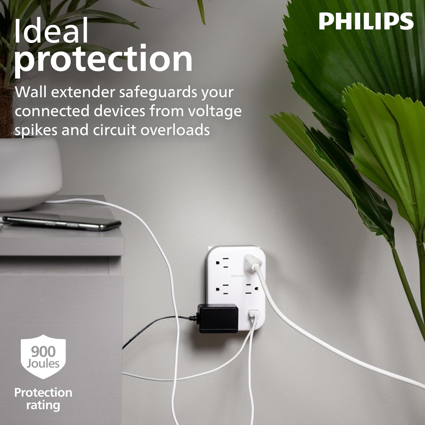 Philips EZFit 5-Outlet Extender Wall Tap with Surge Protection, Grounded Adapter, Charging Station, 3 Prong, 1 USB-A, 1 USB-C, 900J, White, SPP3513W/37