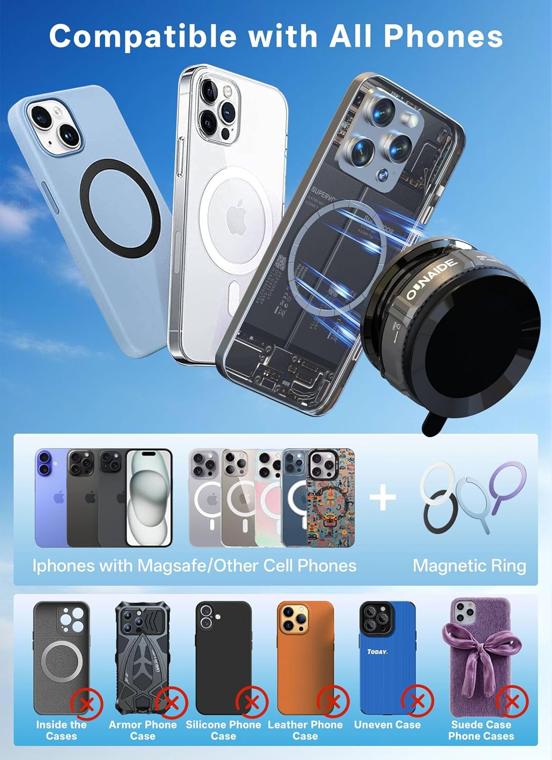 360° Adjustable Vacuum Magnetic Phone Holder for Car Dashboard,Universal 360 Dashboard Phone Holder Phone Mount for Car Compatible with Tesla Model 3/Y,Jeep Wrangler,iPhone 16 Pro Max 15 14 13 Plus