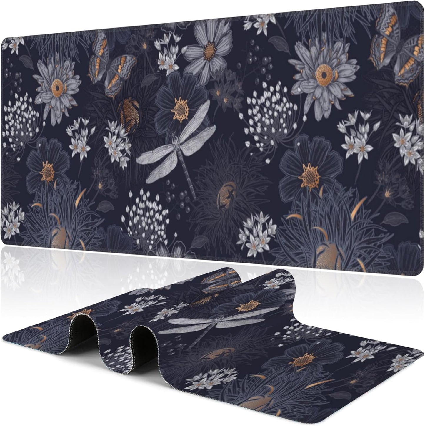 Wildflowers and Insects Desk Mat,Large Cute Flowers Butterflies and Dragonflies Gaming Keyboard Mouse Pad,Non-Slip Rubber Base Desk Pad Thick Stitched Edges Waterproof Mousepad Mouse Mat 31.5"x11.8"