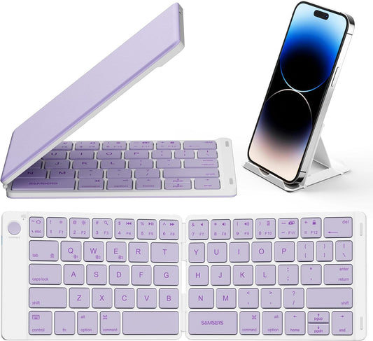 Samsers Bluetooth Foldable Keyboard, Wireless Portable Folding Keyboard, Full-Size Ultra-Slim Rechargeable Connect Up to 3 Devices for iOS Android Windows Phone Tablet and Laptop, Purple