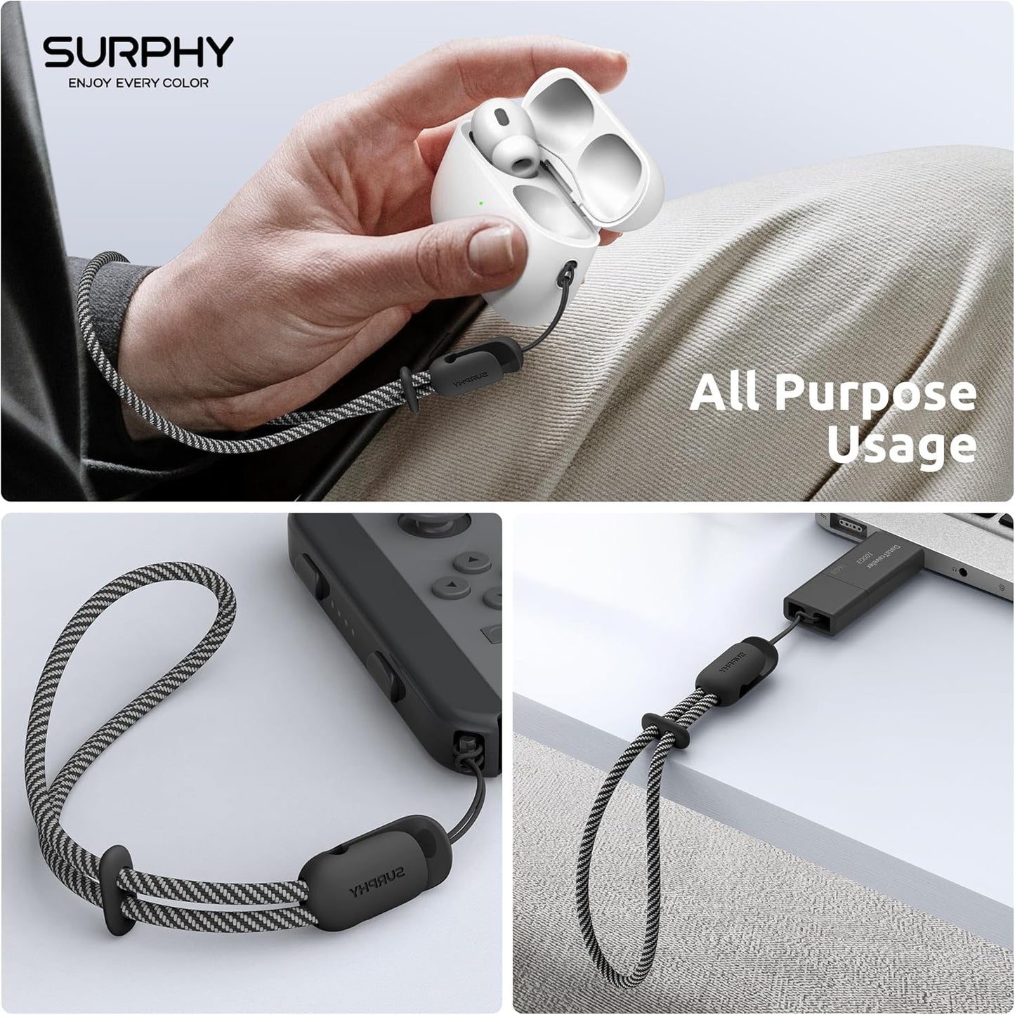 SURPHY 2 Pack Phone Lanyard for Cellphone Case, Phone Wrist Strap for Case, Cellphone Strap with 2-Color Braided, Charm Wrist Lanyard for Women and Men, Black & Gray