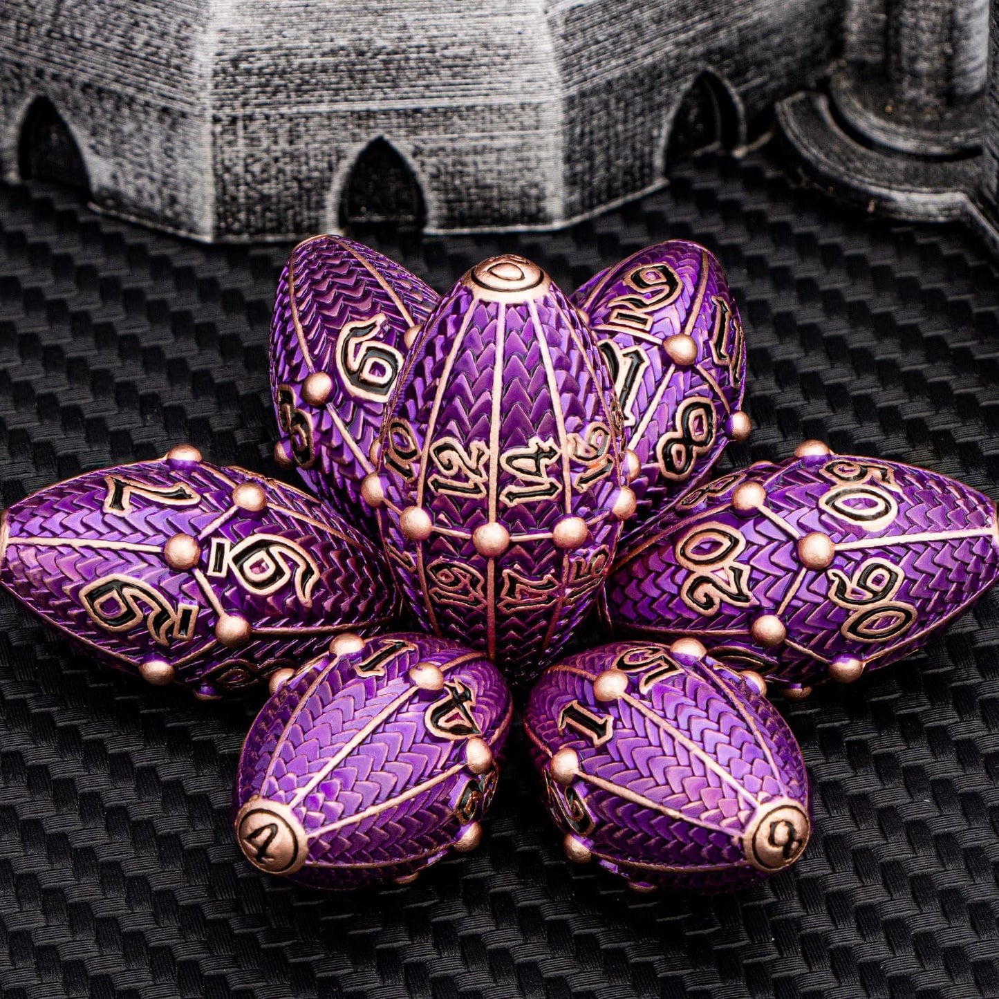 ARUOHHA DND Metal Dice Copper Purple Dragon Egg Dice with Metal Box, Role Playing Game RPG Polyhedral D and D Dice Set D20 D12 D10 D8 D6 D4