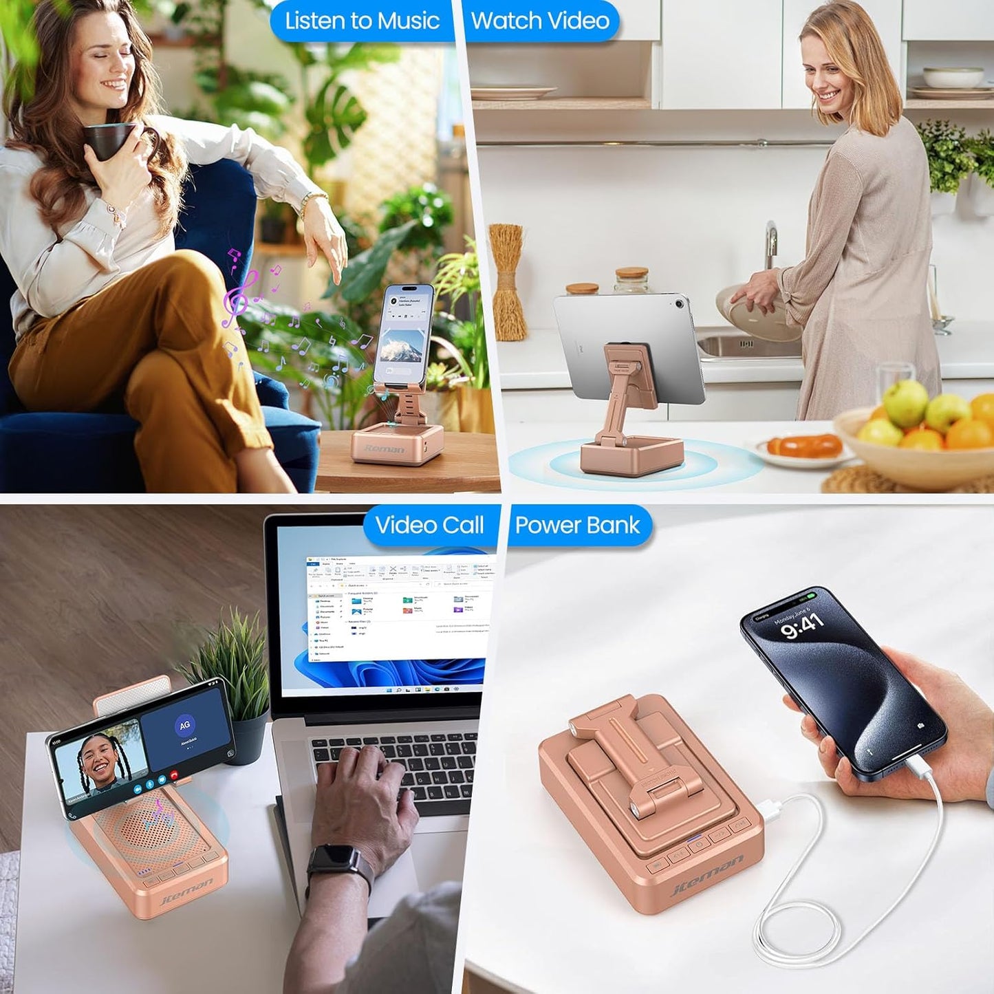 JTEMAN Cell Phone Stand with Bluetooth Speaker and Charging Function,Bluetooth Audio Power Bank Bracket,Birthday Gifts for Men Women,Kitchen Gadgets for Most Phones and Tablets-Rose Gold