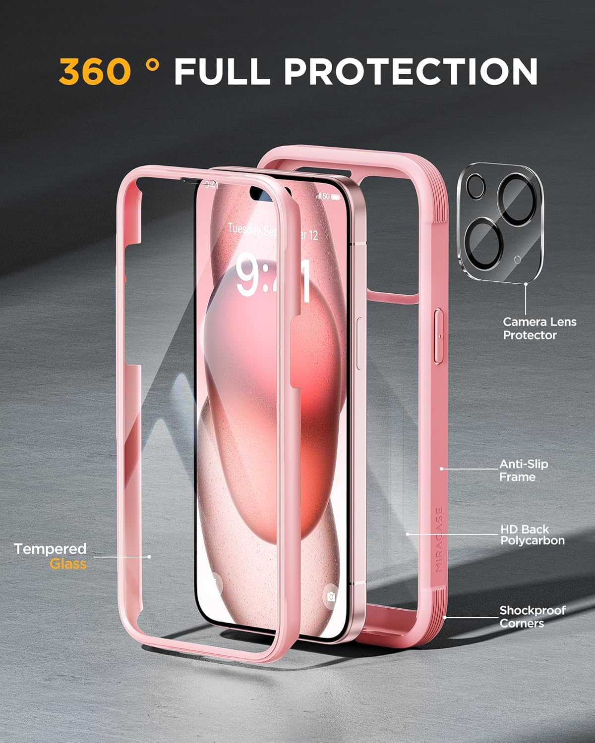 Miracase Glass Series Designed for iPhone 15 Plus Case 6.7',Full-Body Military Drop Proof 15 Plus Phone Case Cover with Built-in 9H Tempered Glass Screen Protector,Pink