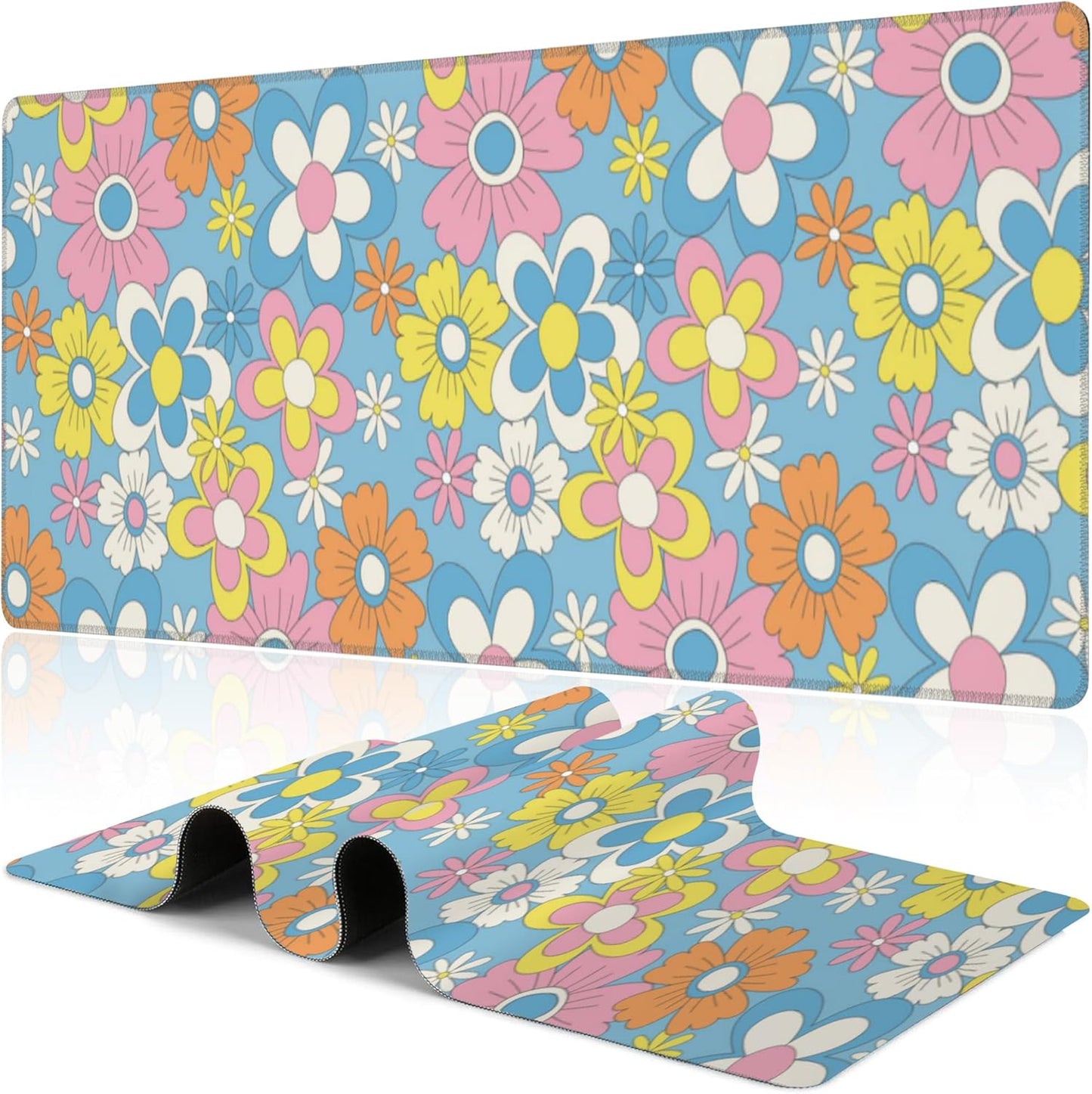 Colorful Retro Flowers Desk Mat,Large Cute Floral Gaming Keyboard Mouse Pad,Non-Slip Rubber Base Desk Pad Thick Stitched Edges Waterproof Mousepad Mouse Mat 31.5"x11.8"