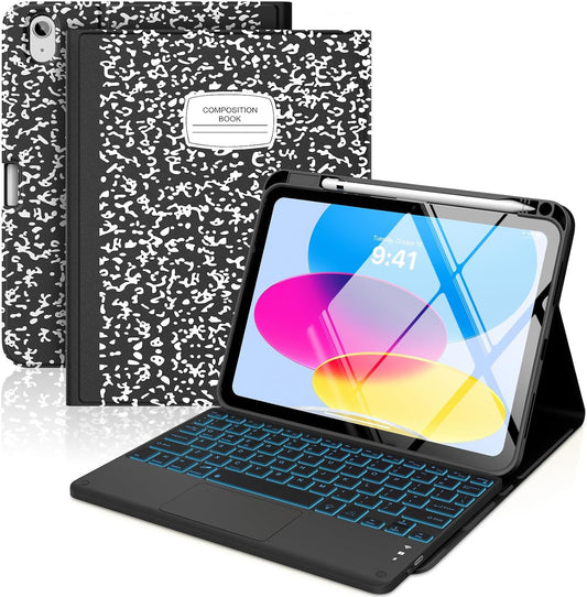 MoKo Touch Keyboard Case for iPad (A16) 11th Generation 11 inch 2025,iPad 10th Generation 10.9 inch Case with Pencil Holder,7 Colors Backlit Multi-TrackPad Detachable Bluetooth Keyboard,Notebook Black