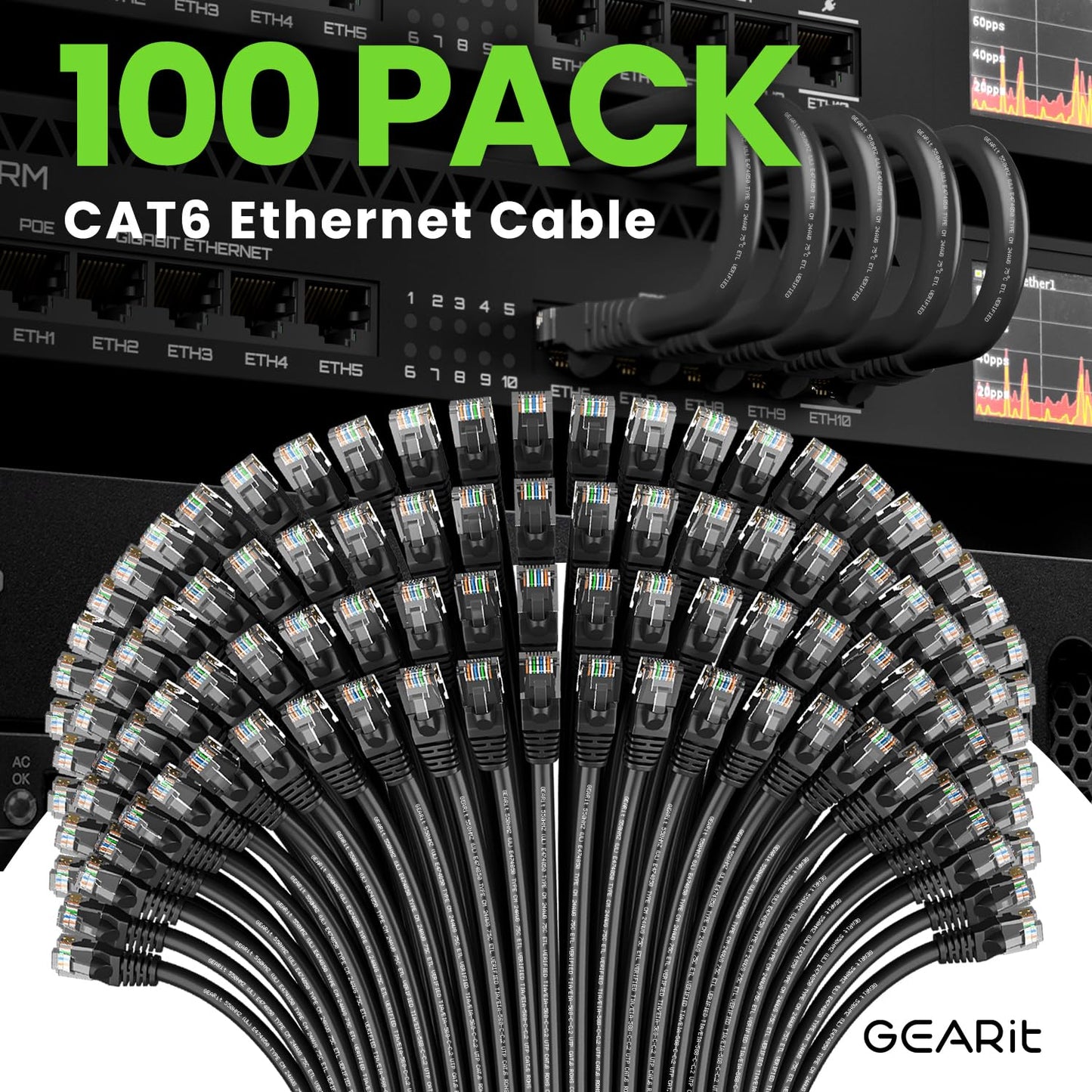 GEARit Cat 6 Ethernet Cable Pack - 100-Pack 2 ft Cat6 Ethernet Patch Cables | RJ45 Network Patch Cable, 10 Gbps Snagless Gold-Plated Connectors - Ethernet Cable Cat 6 for PC, TV, Router - Black