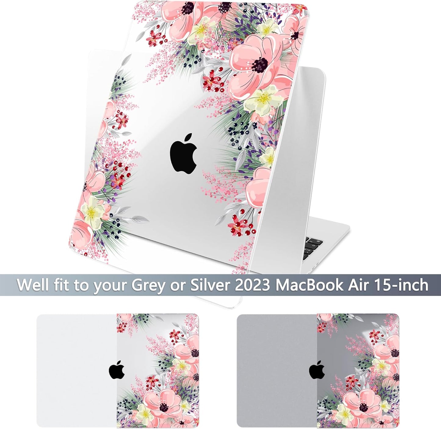 Batianda Premium Case for New MacBook Air 15 inch 2025 M4 2024 2023 with M3 M2 Chip Model A3241/A3114, Designed Protective Plastic Hardshell & Keyboard Cover & Screen Protector, Beautiful Floral