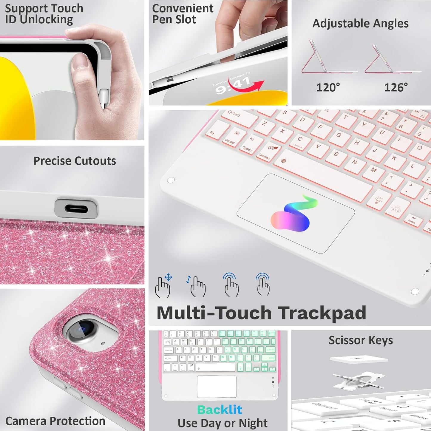 MoKo Touch Keyboard Case for iPad (A16) 11th Generation 11 inch 2025, iPad 10th Generation 10.9 inch Case with Pencil Holder, 7 Colors Backlit Multi-TrackPad Detachable Bluetooth Keyboard, Shiny Pink
