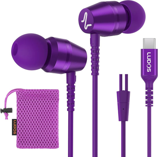LUDOS OMNITONE USB C Headphones for iPhone 16 15 Pro Max Plus iPad Pro, 5 Years Warranty, USB-C Earbuds for Samsung Galaxy S24 S23 S22 S21 S20 A55 A54 A53, USB Type C Earphones - Purple