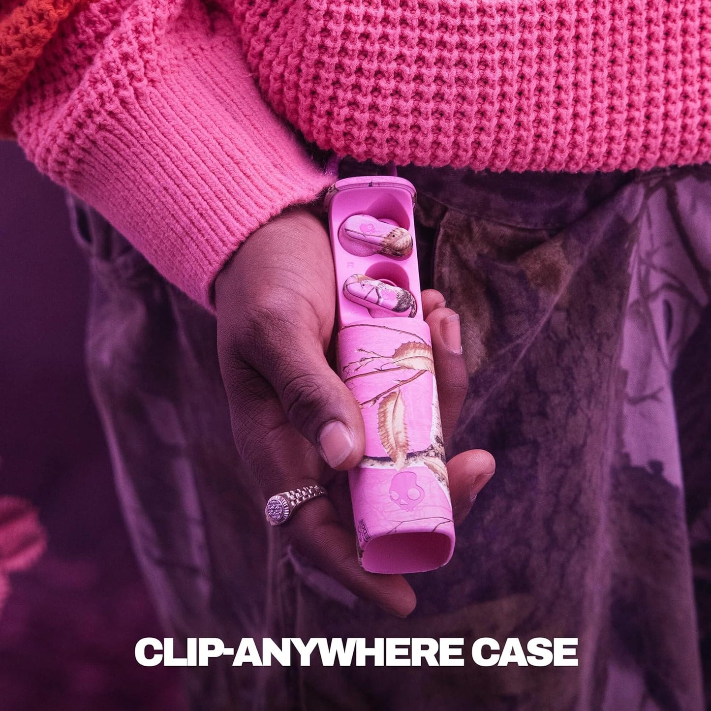 Skullcandy Dime Evo Wireless Earbuds, Bluetooth Headphones, Noise Isolating Fit, Up to 36 Hours Battery, Microphone for iPhone Android, Easy Carry with Clip-Anywhere Case - Realtree Edge Colors Pink