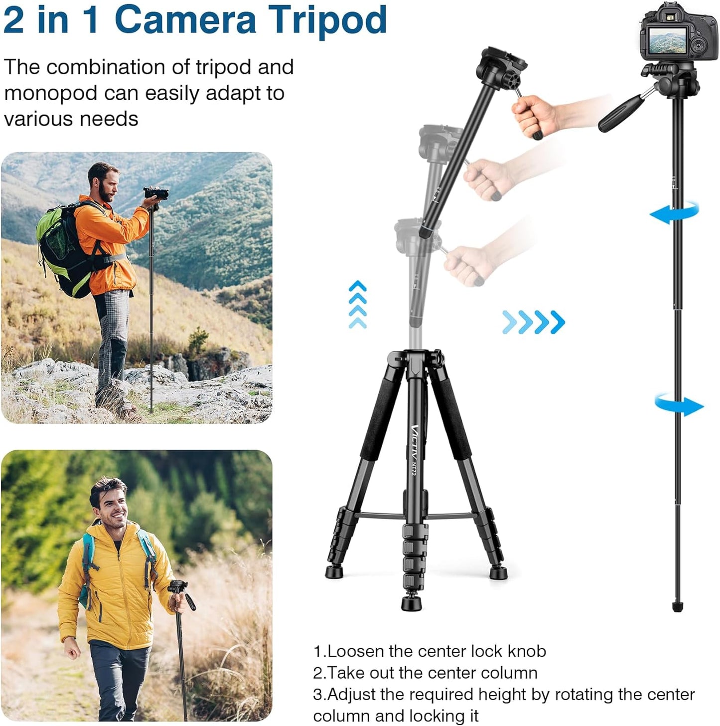 Tripod for Camera, 72" Tall Camera Tripod Monopod with Remote, Professional Heavy Duty Compact Camera Stand for Phone,DSLR, Spotting Scope, Telescope, Binocular