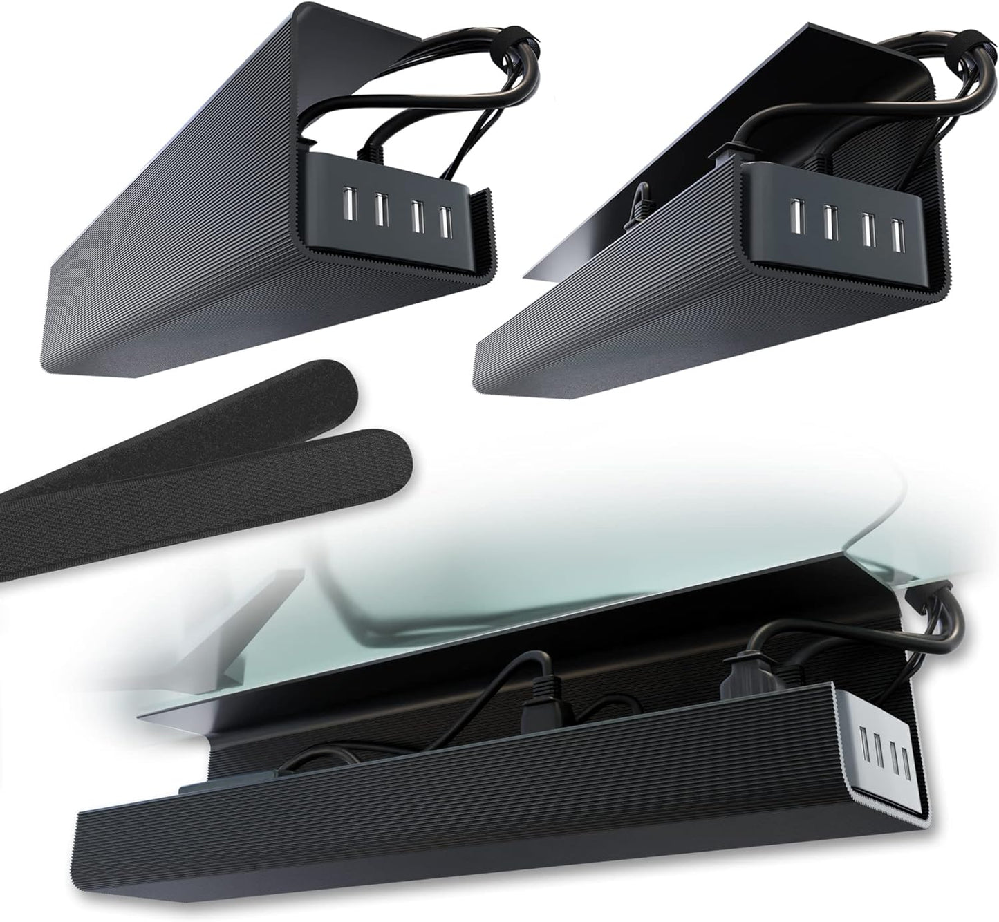 No-Screw Under Desk Cable Management Tray - Self-Adhesive Installation, Cord Management, Cable Tray, Under Desk Wire Organizer - Black Set of 2