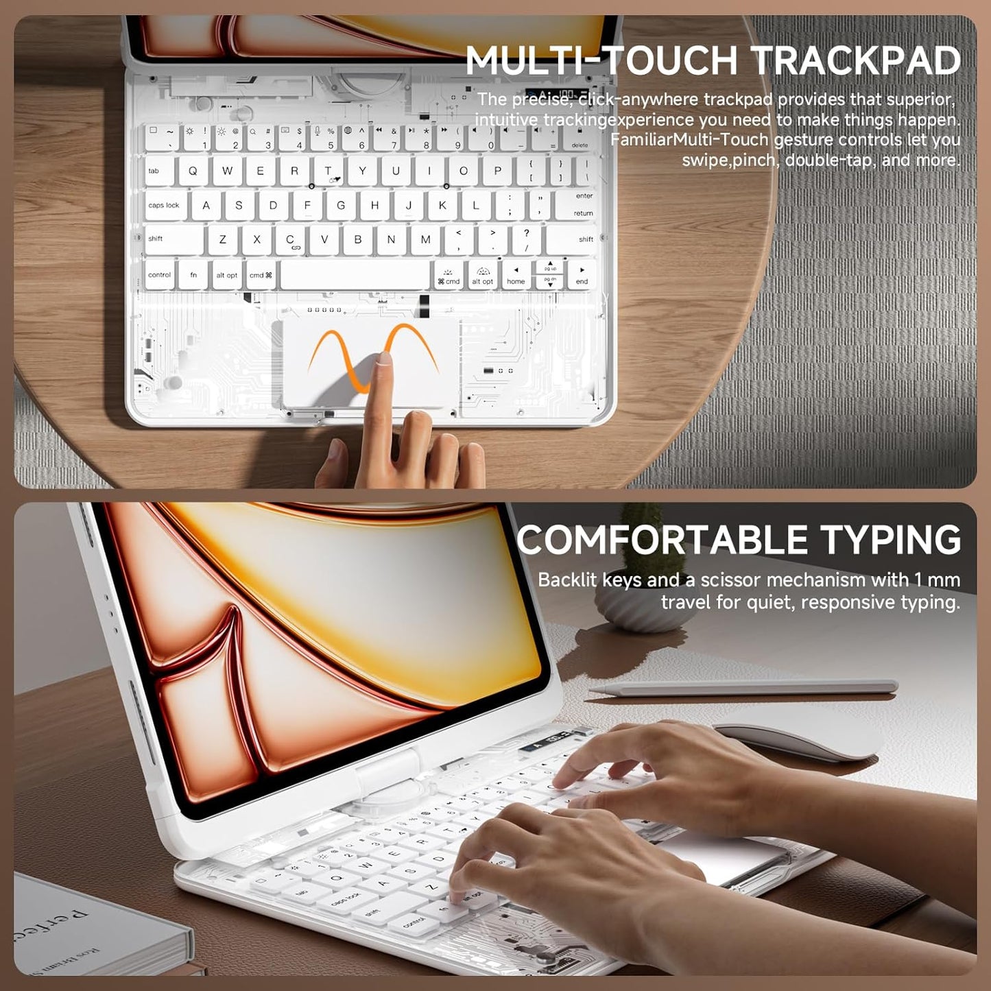 Transparent Case with Keyboard for iPad 11th Gen 11 Inch.(A16, 2025) & 2022 iPad 10th Gen 10.9 Inch,7-Color Backlit,Wireless Keyboard, 360°Rotating,with trackpad,Pencil Holder,with Shortcuts,White