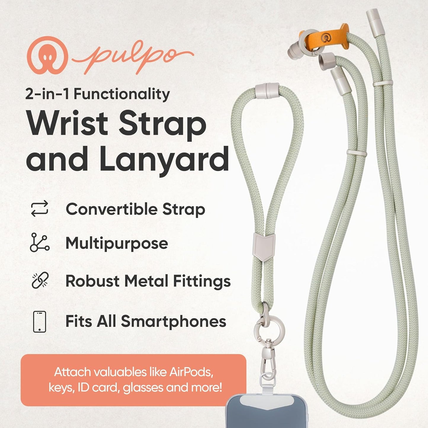 Pulpo 2-in-1 Cell Phone Wrist Strap and Lanyard Sage - Anti Theft Phone Lanyard for Men & Women, Wrist Straps for Phones, Lanyards for Smartphones, Adjustable Cellphone Leash & Safety Strap Tether