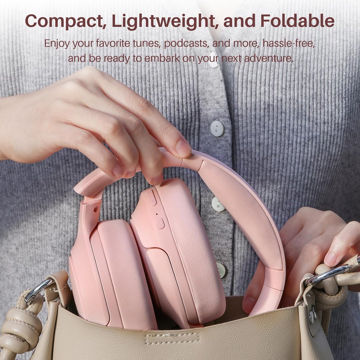 TOZO HT2 Hybrid Active Noise Cancelling Headphones, Wireless Over Ear Bluetooth Headset, 60H Playtime, Hi-Res Audio Custom EQ via App Deep Bass Comfort Fit Ear Cups, for Home Office Travel Pink