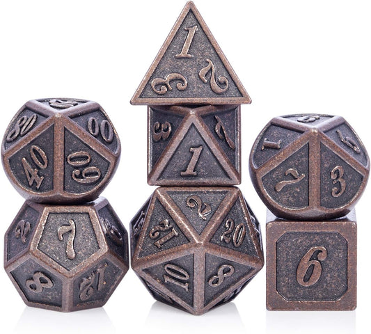 D&D Metal Dice Set, DNDND 7PCS Metallic Ancient Copper Dice with Metal Case for DND Dungeons and Dragons Table Games Roly Playing Rolling