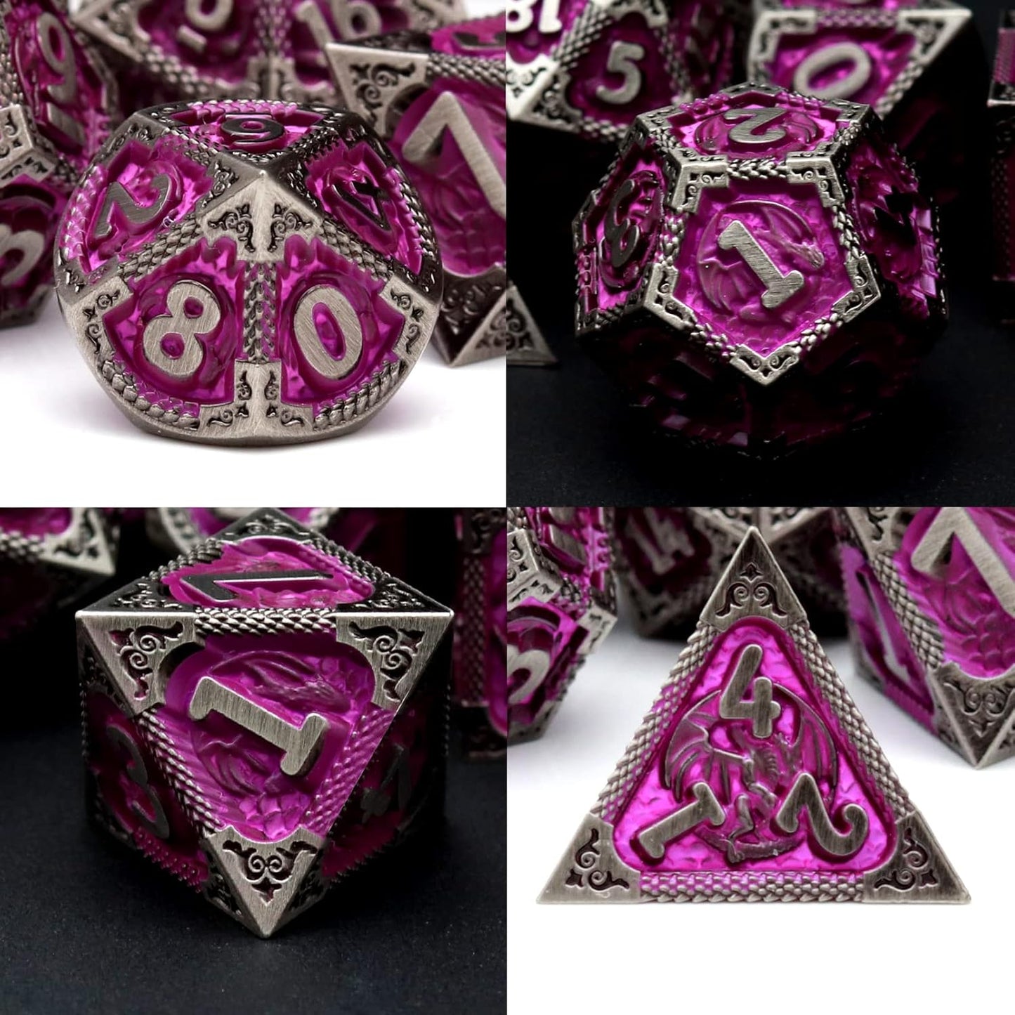 PJOY Metal DND Dice Set with Dice Case Antique Silver Purple Dragon D&D Polyhedral Dice for RPG Role Playing Games Compatible with Dungeons and Dragons TTRPG Gifts