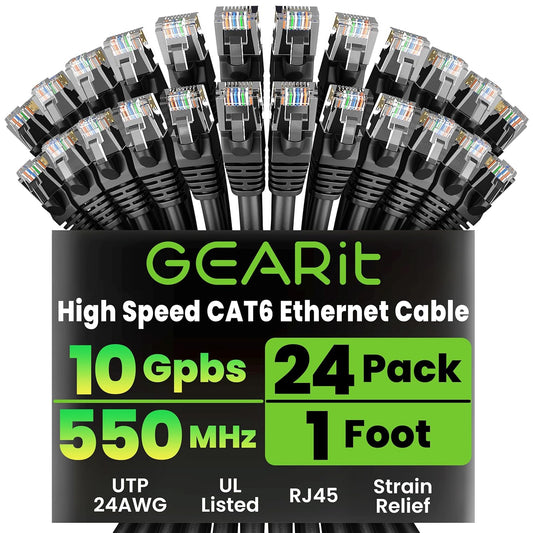 GEARit Cat 6 Ethernet Cable Pack - 24-Pack 1 ft Cat6 Ethernet Patch Cables | RJ45 Network Patch Cable, 10 Gbps Snagless Gold-Plated Connectors - Ethernet Cable Cat 6 for PC, TV, Router - Black