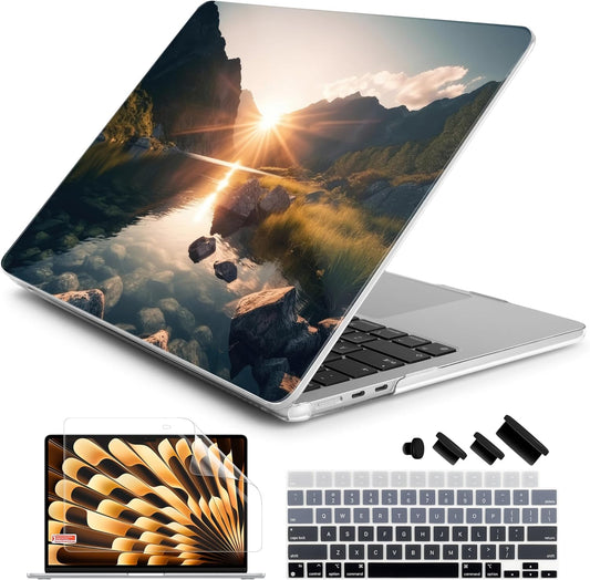Batianda Premium Case for New MacBook Air 15 inch 2025 2024 2023 with M4 M3 M2 Chip, Designed Protective Plastic Hardshell & Keyboard Cover & Screen Protector, Mountain Sunrise