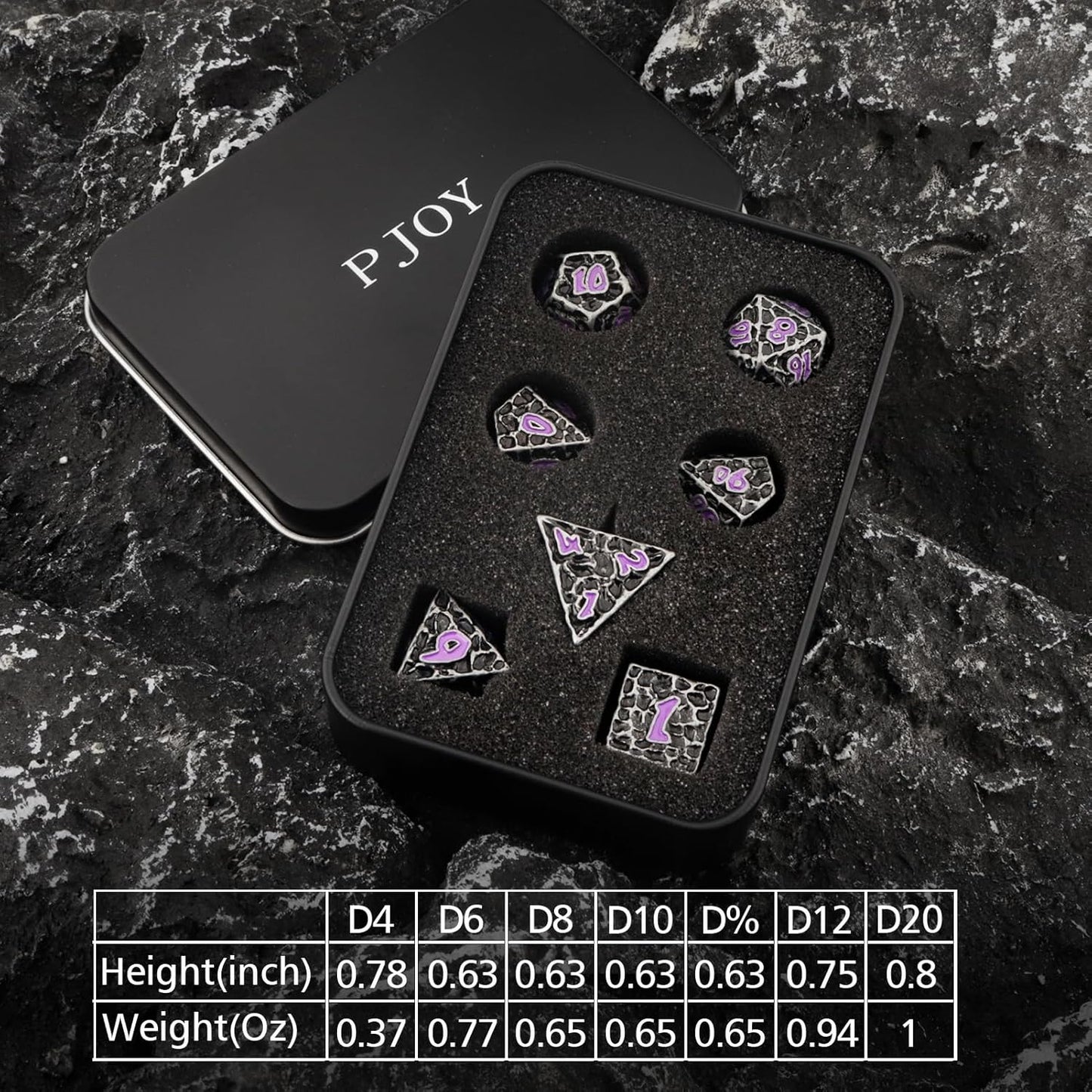PJOY Metal Dice Set D&D for Dungeons and Dragons Dice with Case Meteorite Iron Purple 7PCS 16mm Role Playing Cool DND Gifts for Players DM Board Game Masters Wizards