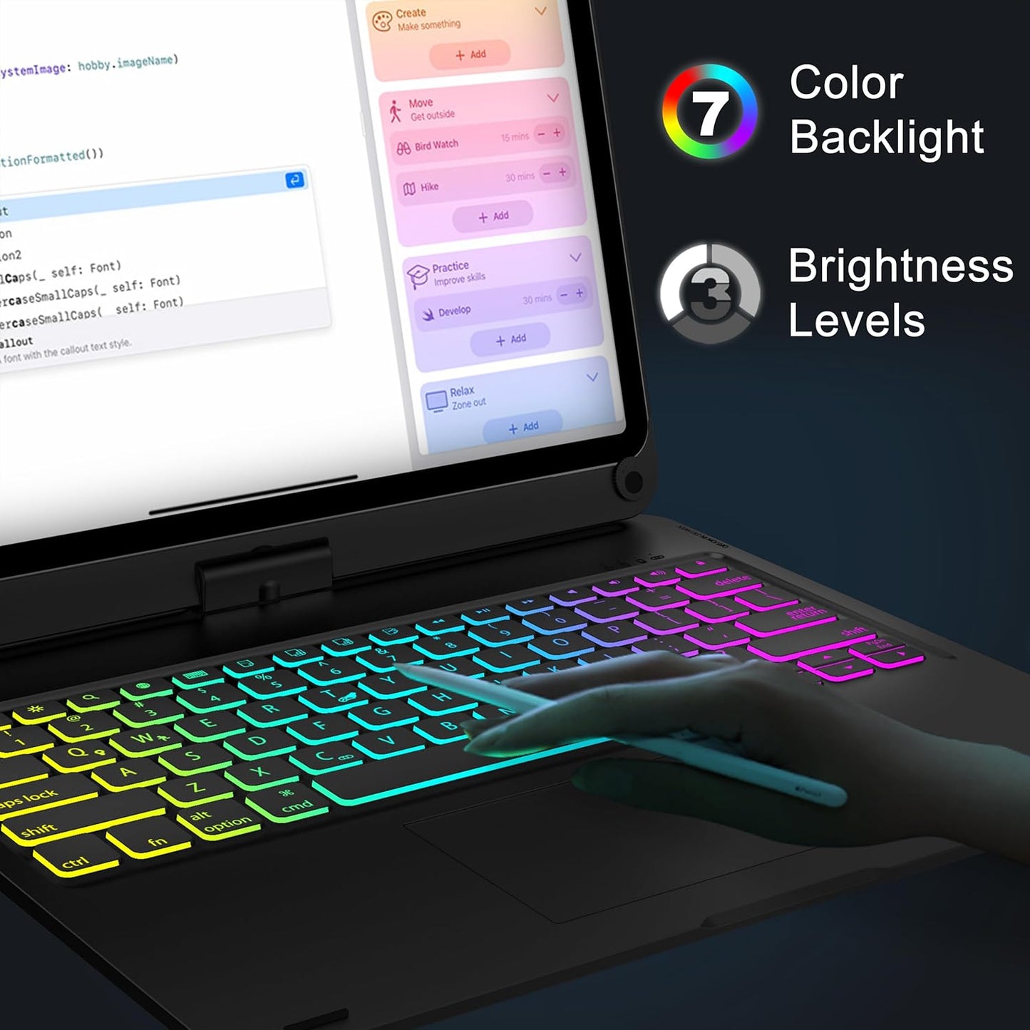 D DINGRICH Touch iPad Pro 12.9 Case with Keyboard 7th/5th Generation, Magic 360°Rotatable & Swivel Bluetooth Keyboard with Trackpad, 7 Backlight Color with Pencil Holder for iPad Pro 12.9” 4th/3rd Gen