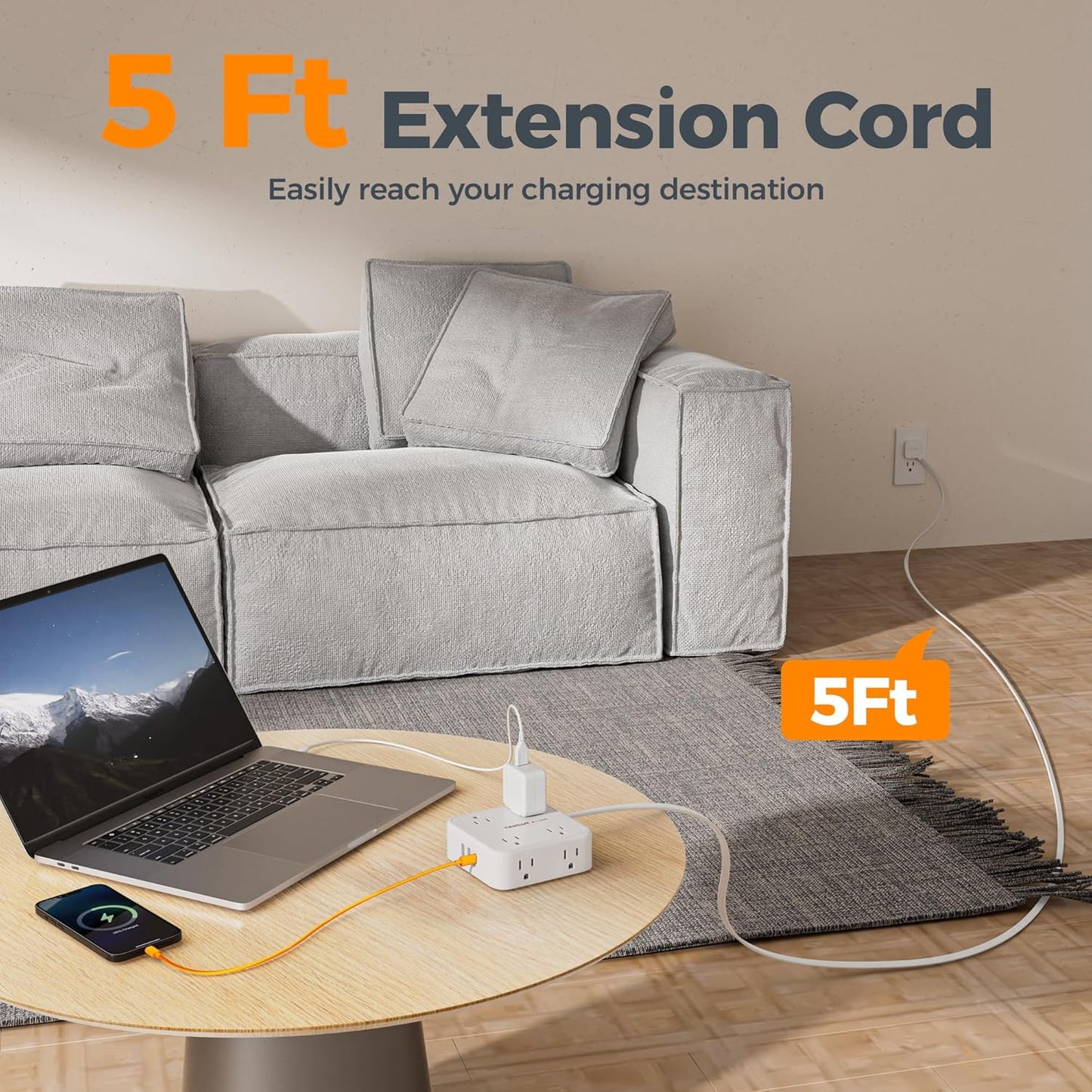 TESSAN Flat Plug Extension Cord, 5 Ft Surge Protector Power Strip with 3 USB (1 USB C) 8 Outlets, 900J Surge Protection, 3 Sided Outlet Extender with Power Switch for Dorm Room Essentials, White