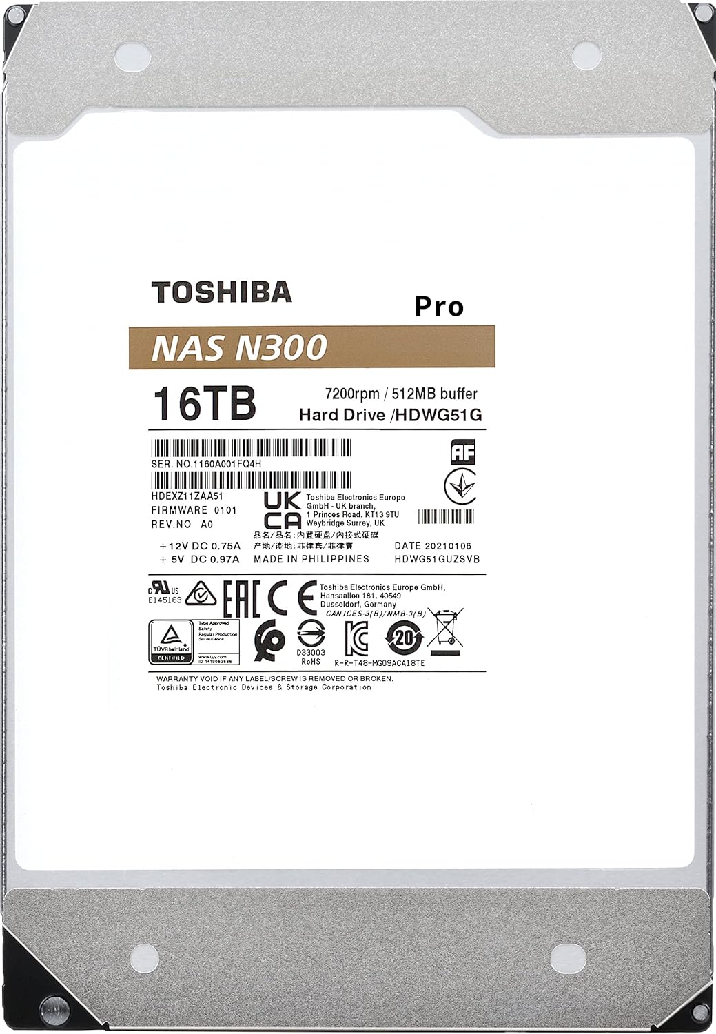 Toshiba N300 PRO 16TB Large-Sized Business NAS (up to 24 bays) 3.5-Inch Internal Hard Drive - Up to 300 TB/year Workload Rate CMR SATA 6 GB/s 7200 RPM 512 MB Cache - HDWG51GXZSTB