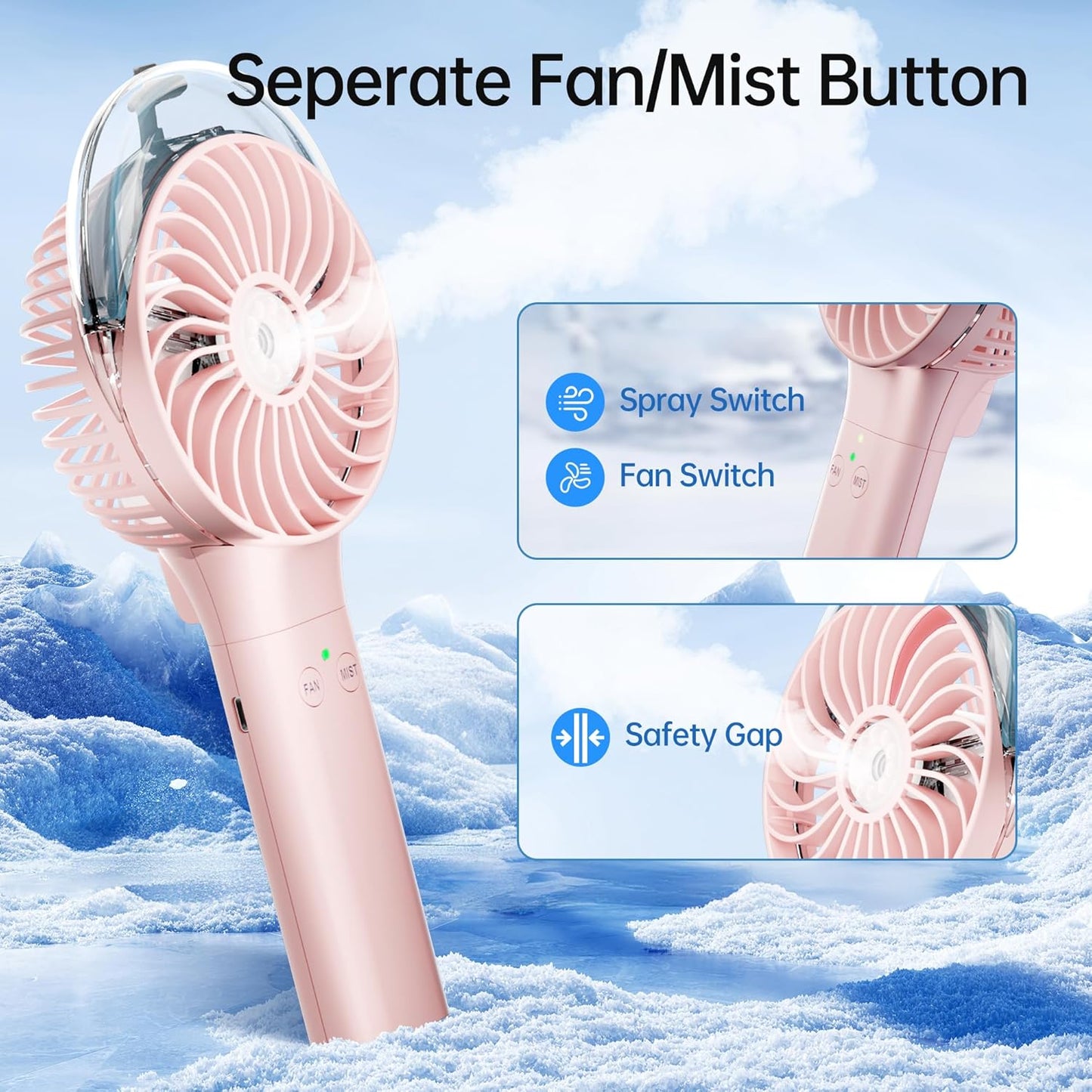 PANERGY Handheld Misting Fan – Rechargeable Battery Operated,Handheld Personal Fan with Mist Spray, Electric Hand Fans, 180° Foldable Mister Fans for Travel, Camping, Disney, Concerts, Office(Pink)