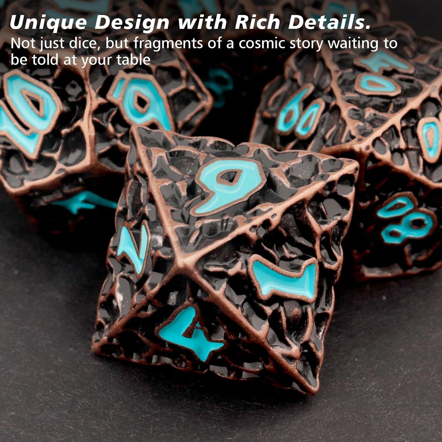PJOY Metal D&D Dice Set for Dungeons and Dragons Dice with Case Meteorite Copper Blue Numbers 16mm 7PCS Role Playing Cool Dice DND Gifts for Players DM Game Masters