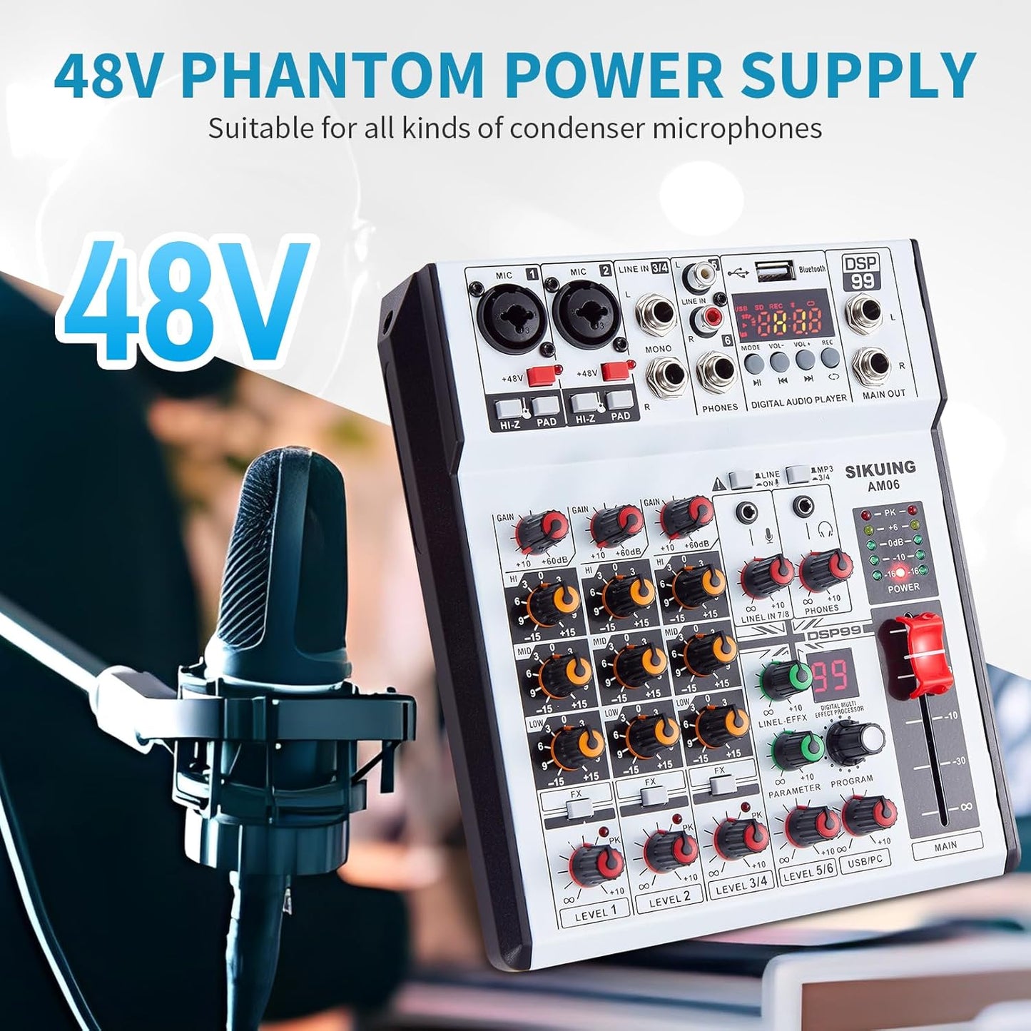 6 Channel Audio Mixer Professional Sound Board Console w/99 DSP Effects 48V Phantom Power Bluetooth USB Interface Stereo DJ Mixer Board for Karaoke Live Performance DJ Stage