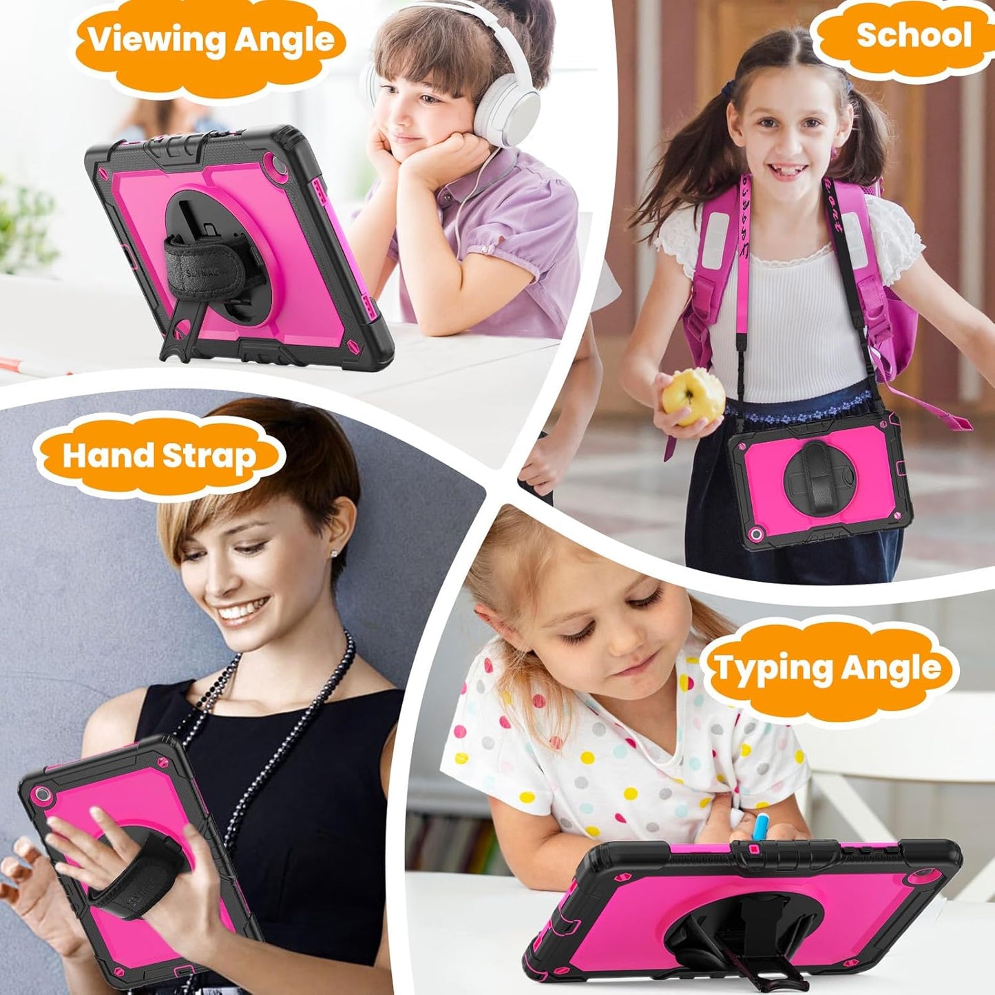SEYMAC stock Case for Samsung Galaxy Tab A9 8.7'', Full-Body Drop Protection Case with Screen Protector Pencil Holder [360° Rotating Hand Strap] &Stand, Pink+Black