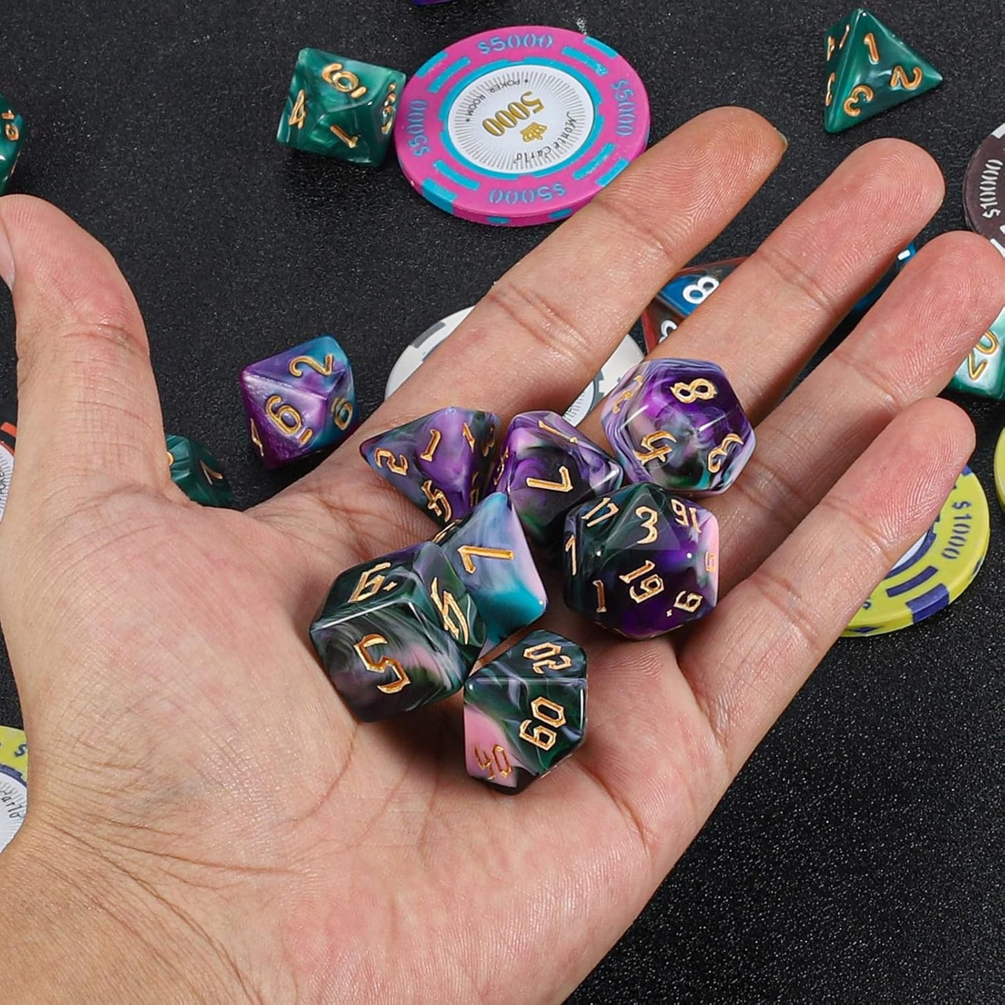 QMAY DND Dice Set -D&D Polyhedral Dice (7 Pcs) for Dungeons and Dragons (Purple Green Four Colors)