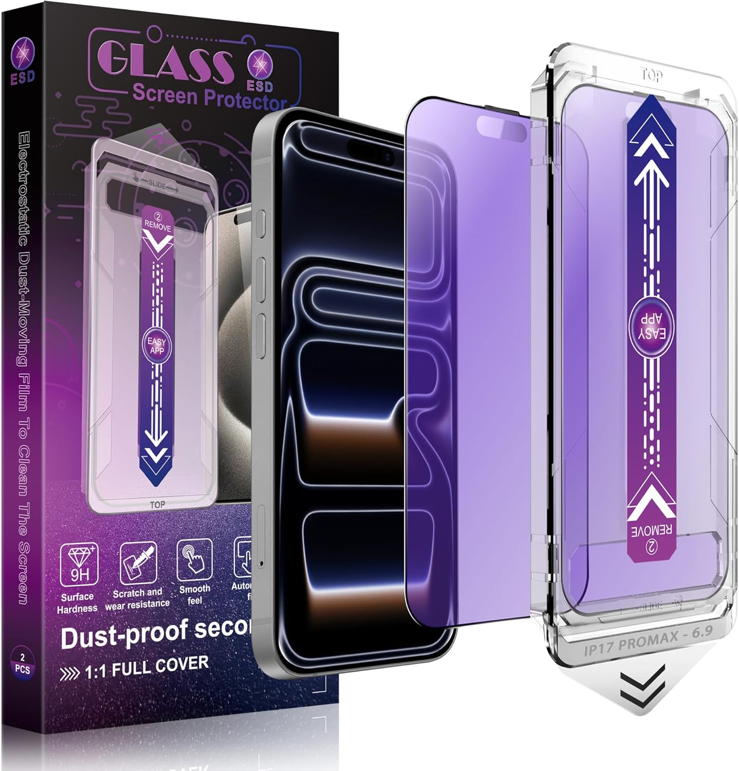 Anti Blue Light Matte Screen Protector for iPhone 17 Pro Max 6.9-Inch, Auto Dust Removal, 9H Tempered Glass, Full Cover, Anti-Fingerprint, Easy Installation, 2 Pack