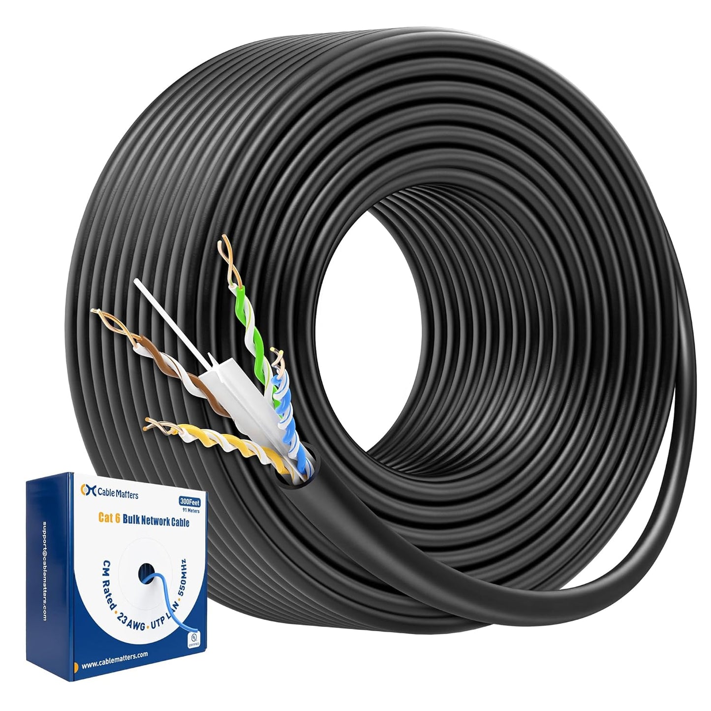 Cable Matters [UL Listed] 10Gbps in-Wall Riser Rated (CMR) 23AWG Bare Copper Cat6 Ethernet Cable - 300ft, Cat 6 Ethernet Cable Spool, Cat 6 Cord Bulk, Black