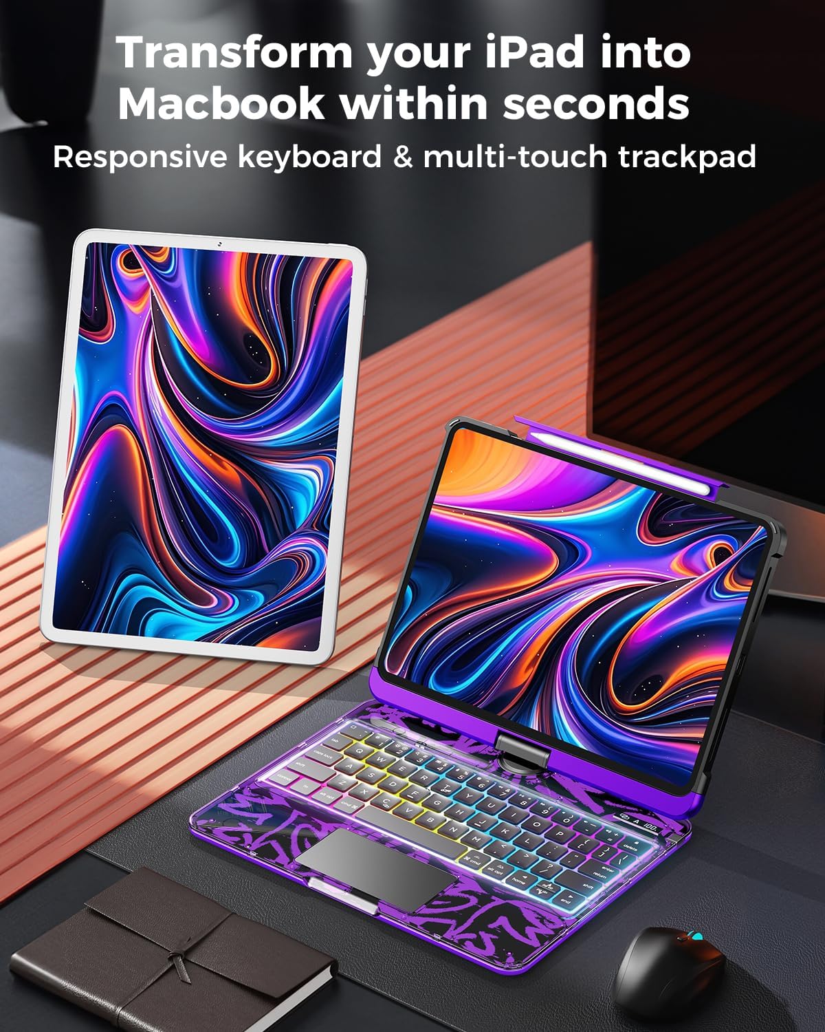 SIBEITU Keyboard Case for iPad Pro 13 Inch (M5 2025 / M4 2024), 360 Rotatable iPad Pro 13 Clear Cover with Multi-Touch Trackpad, 7-Color Backlight & 3 Brightness, High-Tech Visible PCB Design, Purple
