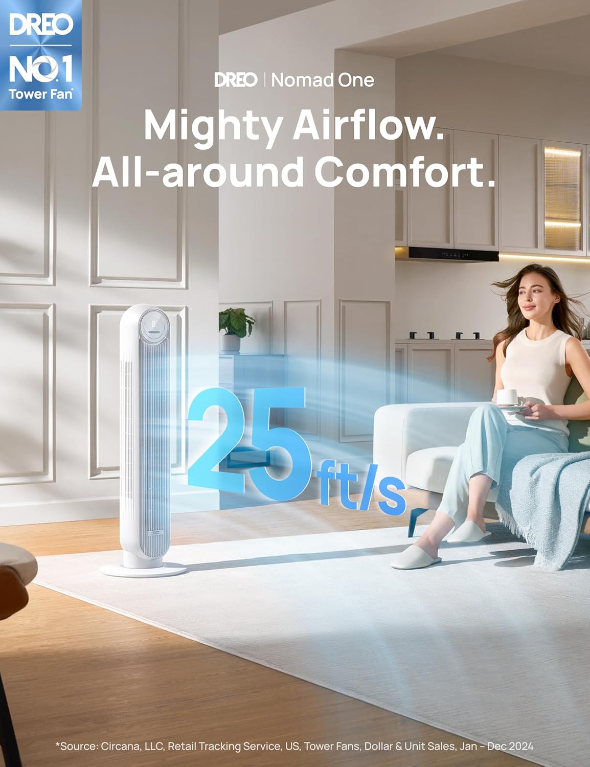 Dreo Tower Fan for Bedroom, 25ft/s Velocity Quiet Floor Fan, 90° Oscillating Fans for Indoors with 4 Speeds, 4 Modes, 8H Timer, Standing Fans, Bladeless Fan, White, Nomad One (DR-HTF007)