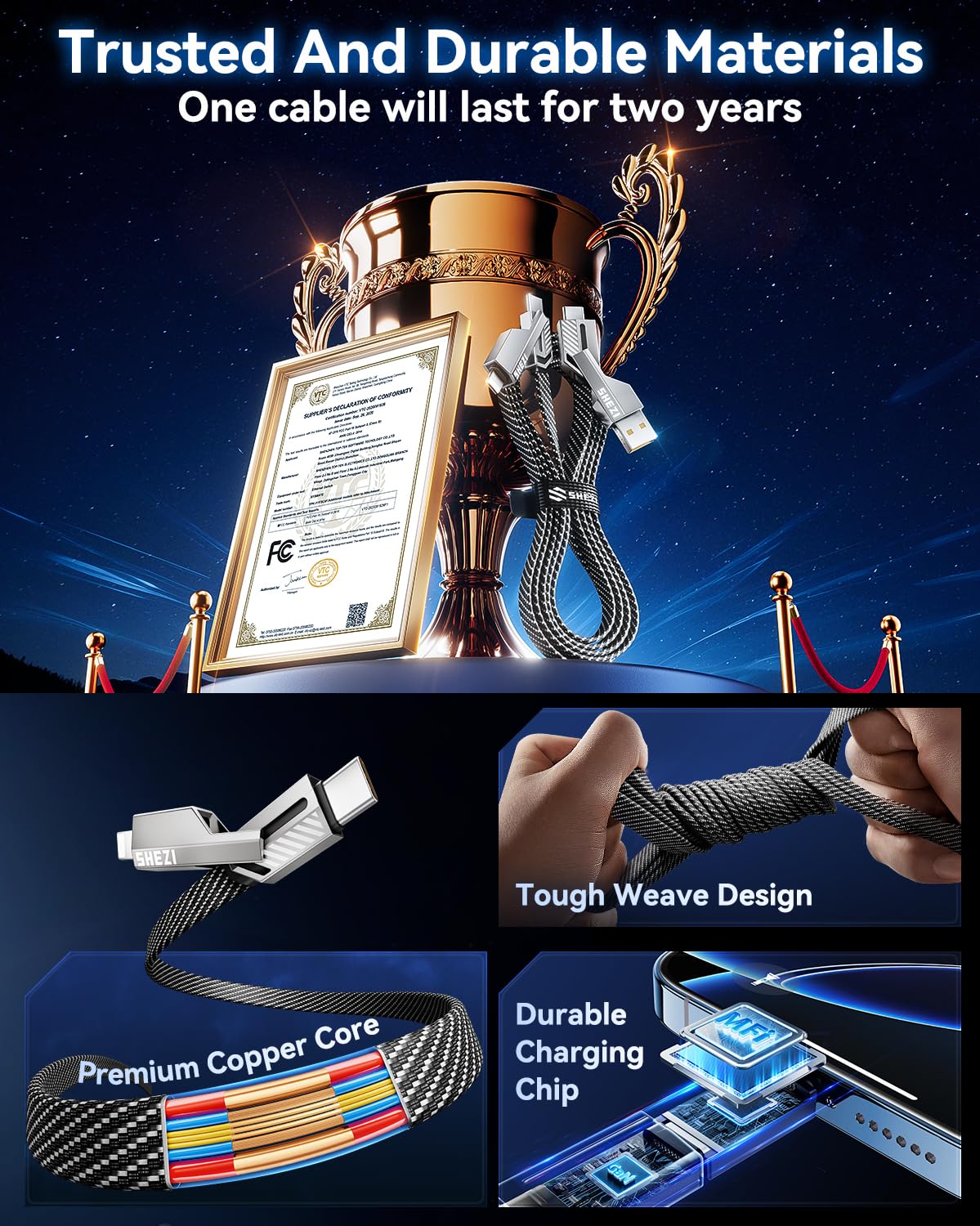 [One is Enough] 4-in-1 Compatible with USB C to Lightning Cable, 65W High-Speed Charging & Fast Data Transfer,CarPlay & Android Auto Support Multi Charger Cord Combo for iPhone/Samsung/iPad,5FT