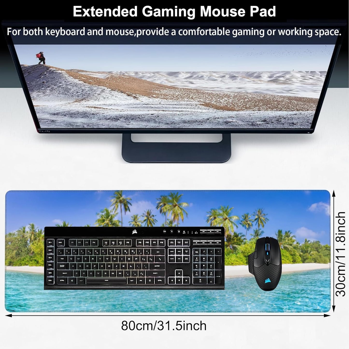 Tropical Nature Landscape Desk Mat,Large Summer Beach Seawater and Palm Trees Gaming Keyboard Mouse Pad,Non-Slip Rubber Base Desk Pad Thick Stitched Edges Waterproof Mousepad Mouse Mat 31.5"x11.8"