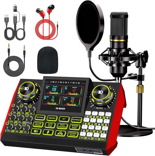 podcast microphone bundle, Live Sound Card with Audio Interface, All-in-One Audio Mixer with Voice Changer, Condenser Microphone for Live Streaming, Singing, Gaming, and Content Creation.
