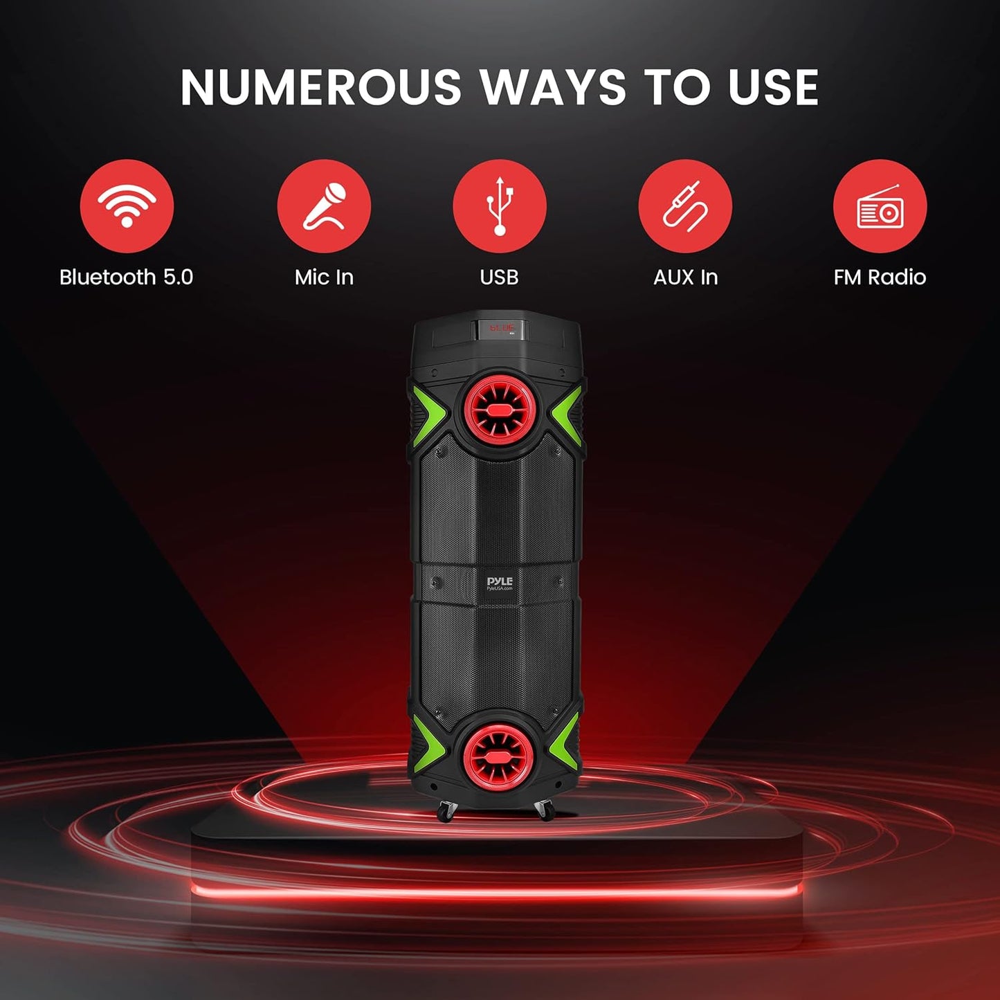 Pyle Portable Bluetooth PA Speaker - 400W Dual 8” Rechargeable Indoor/Outdoor BT Karaoke Audio System-Party Lights, LED Display, FM/AUX/MP3/USB/SD, 1/4" in,Handle, Wheels-Wireless Mic, Remote Control