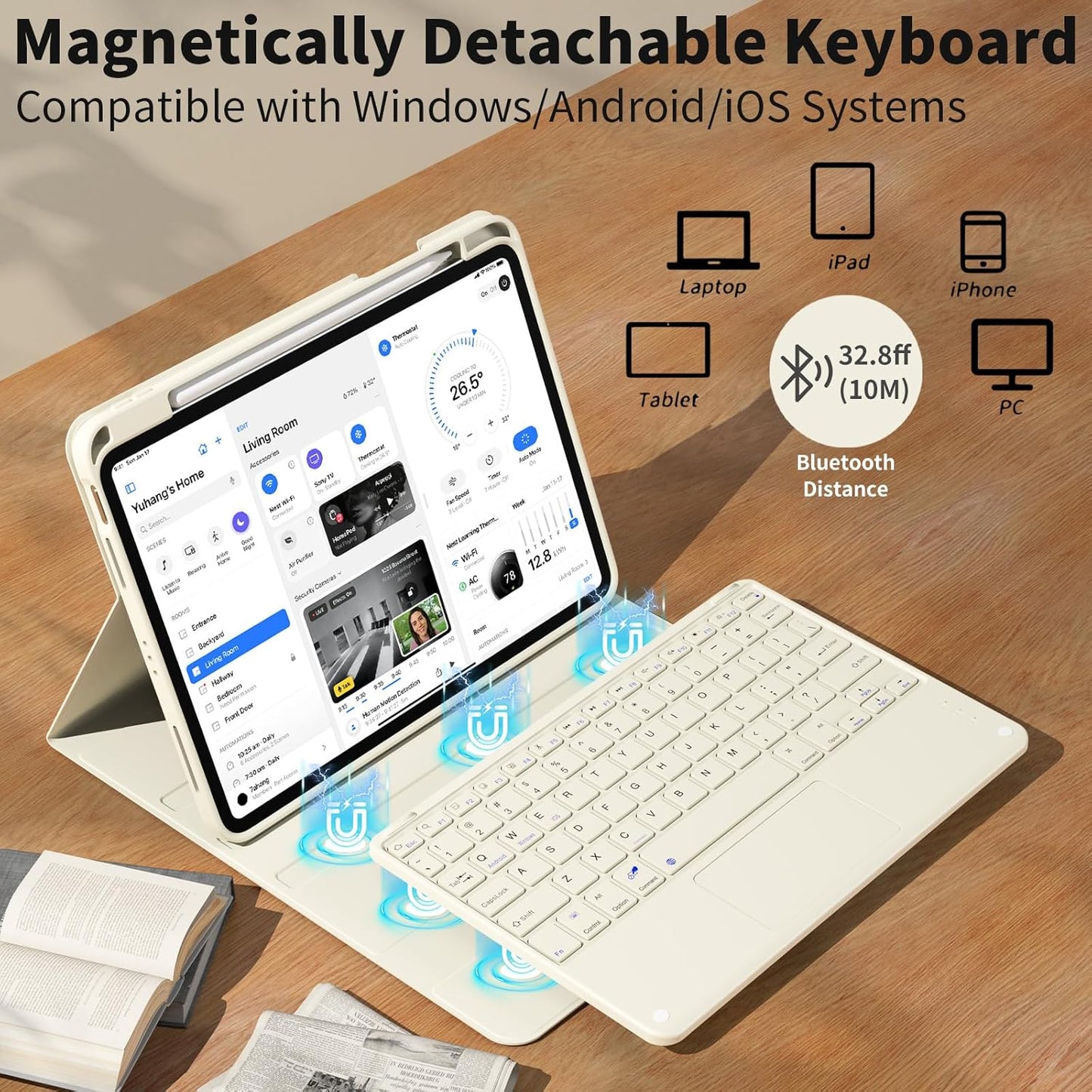 JKSML for iPad(A16) 11th/10th Generation Case with Keyboard (11/10.9 inch) 2025/2022, Wireless Detachable Bluetooth Cover with Trackpad, Flip Stand Case Thin with Pencil Holder, Cream White