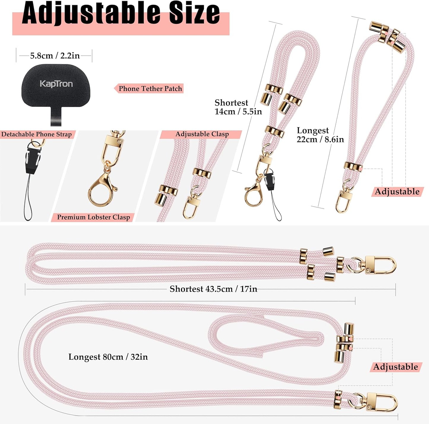 Universal Phone Lanyard With Adjustable Crossbody Neck Strap and Wristlet, 2 Lobster Clips, Tether Patches and Phone Straps (Pink, 2 Pack)