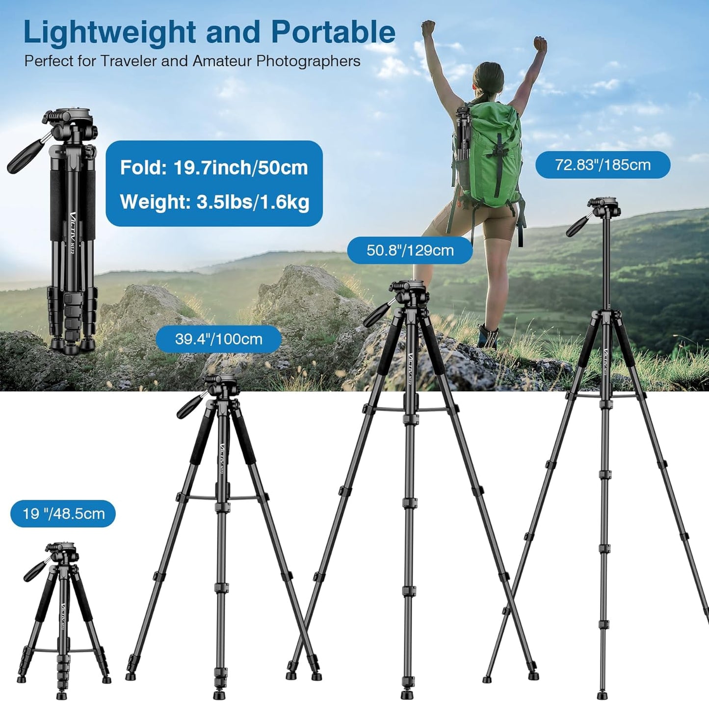 Tripod for Camera, 72" Tall Camera Tripod Monopod with Remote, Professional Heavy Duty Compact Camera Stand for Phone,DSLR, Spotting Scope, Telescope, Binocular