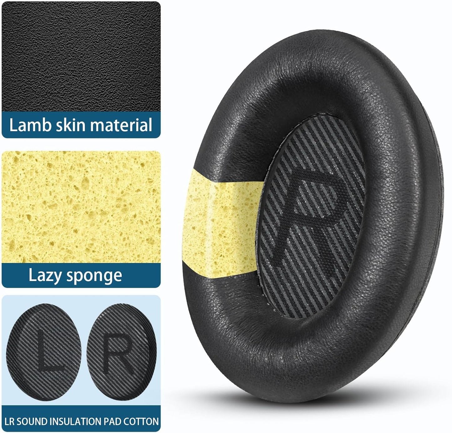 Headphones Replacement Ear Pads, Sheepskin Ear Cushions for Bose QuietComfort 35 (QC35) Improved Durability, Ear Pads Cushions with High-Density Foam, Thickness and Sound Isolation - Black