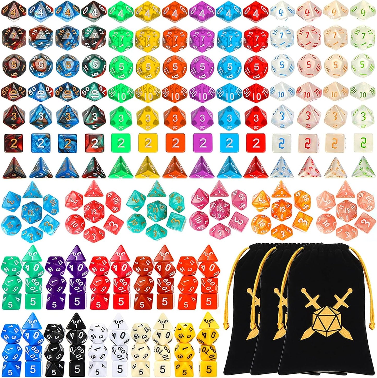 Yilloog 210 Pcs Compatible with DND Dice Sets Bulk Polyhedral Dice with Drawstring Bag Dice Multi Role Playing Table Game D4 D6 D8 D10 D% D12 D20 Compatible with Dungeons and Dragons (Mixed Style)