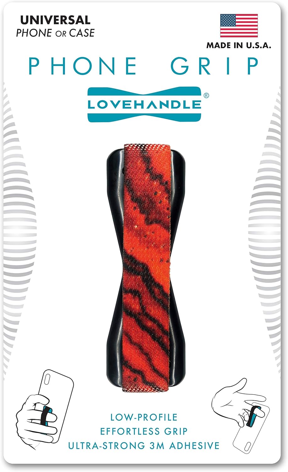 LOVEHANDLE Universal Phone Grip for Smartphones & Mini Tablets - Phone Holder for Hand - Wireless Charging Compatible - Made in The USA - Red Spalt