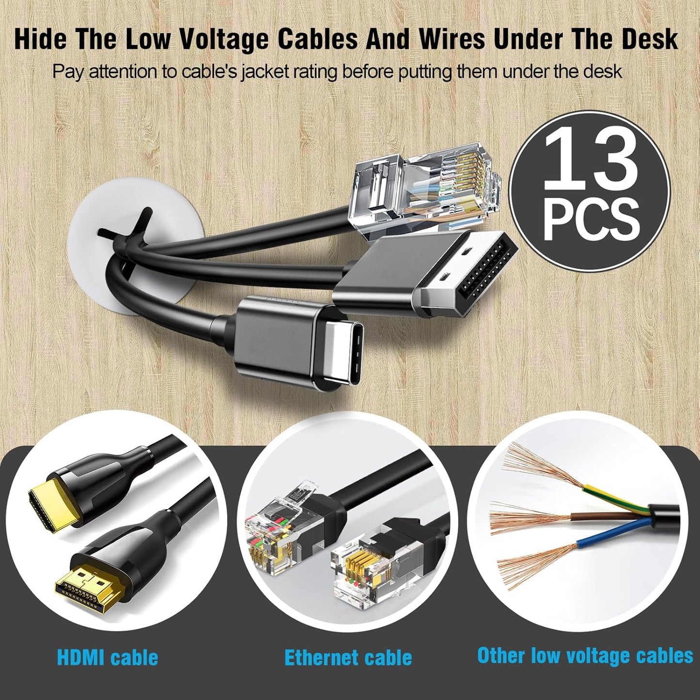 3/4" White Desk Grommet, JTemgle Flexible Cable Grommet with Bi-Metal Hole Saw Cross Rubber Cable Hole Cover Wire Organizer Caps Desktop Cord Management for Home Office TV Stands Tabletops, 13 Pieces